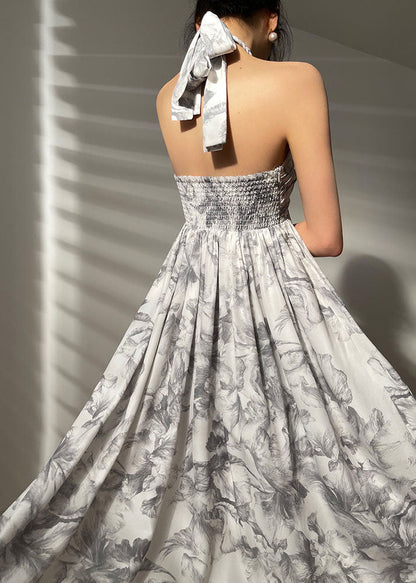 Grey Cold Shoulder Print Exra Large Hem Chiffon Dress Sleeveless