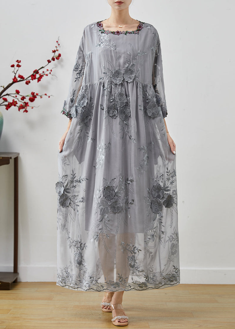 Grey Embroidered Silk Party Dress Spring