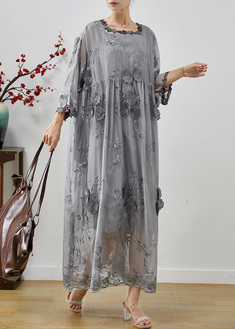 Grey Embroidered Silk Party Dress Spring