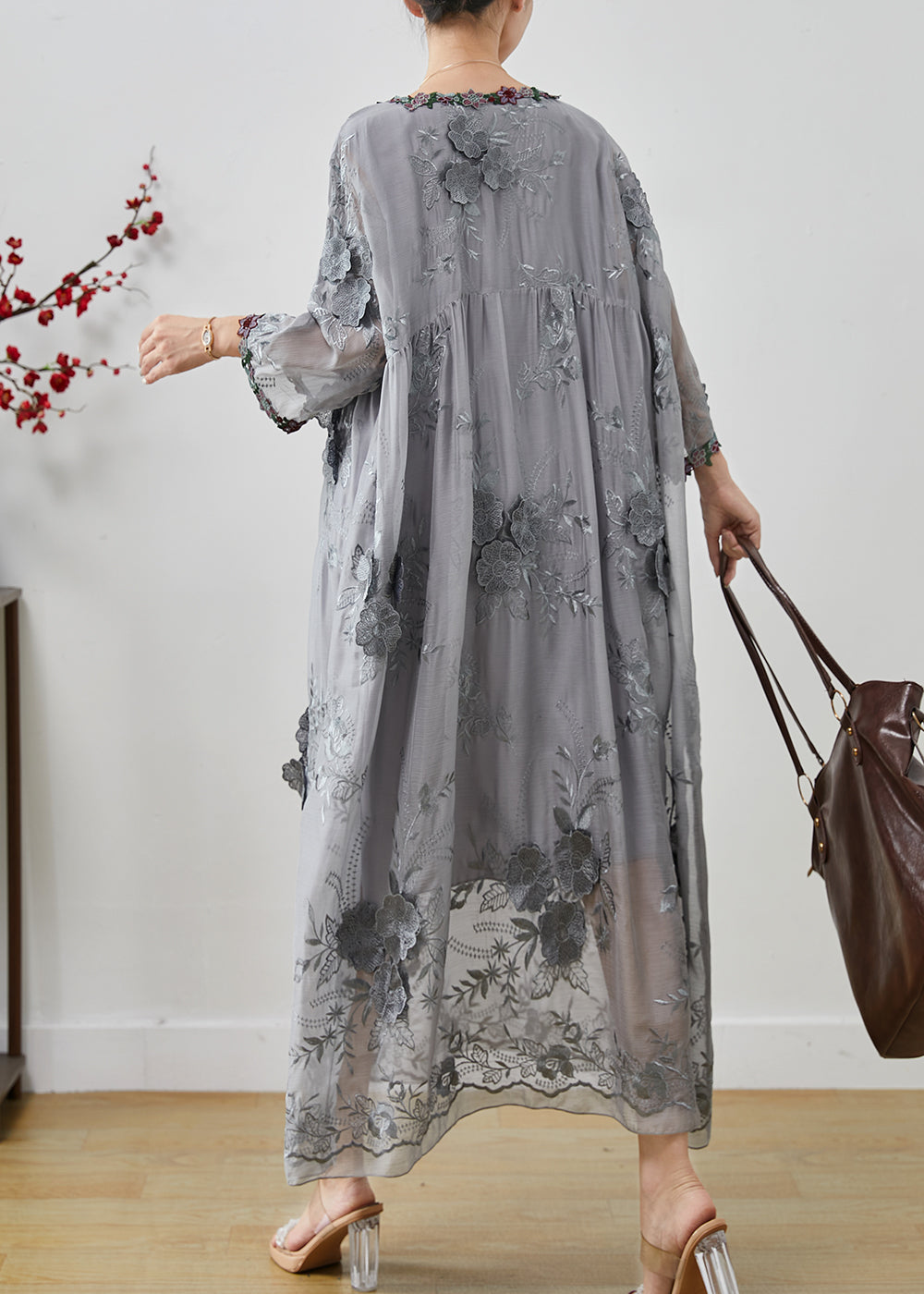 Grey Embroidered Silk Party Dress Spring