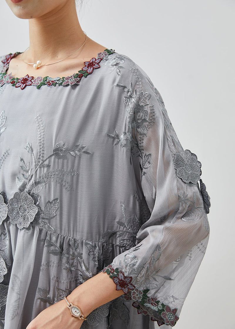 Grey Embroidered Silk Party Dress Spring