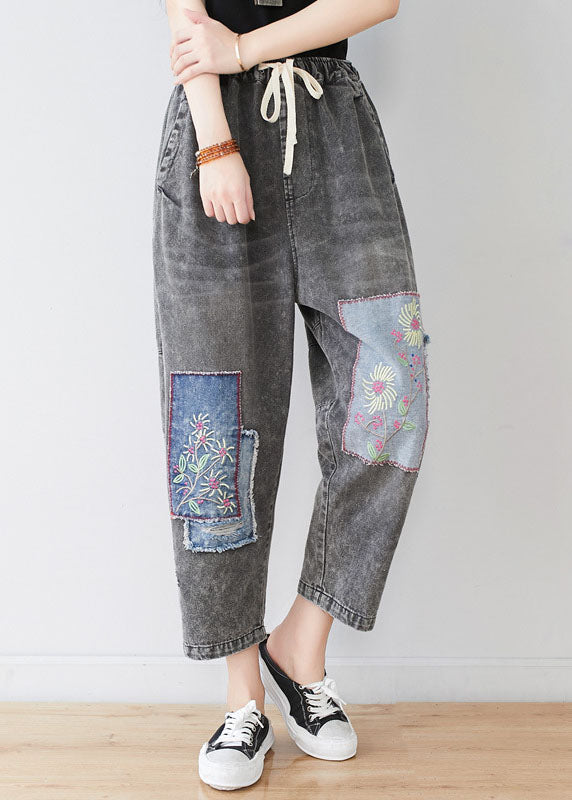 Grey Embroidered Patchwork Applique Cotton Denim Pants Spring