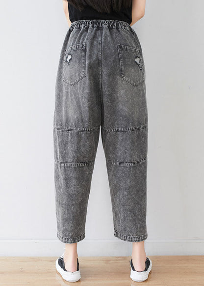 Grey Embroidered Patchwork Applique Cotton Denim Pants Spring