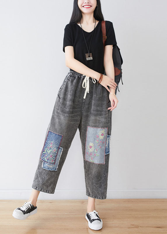 Grey Embroidered Patchwork Applique Cotton Denim Pants Spring