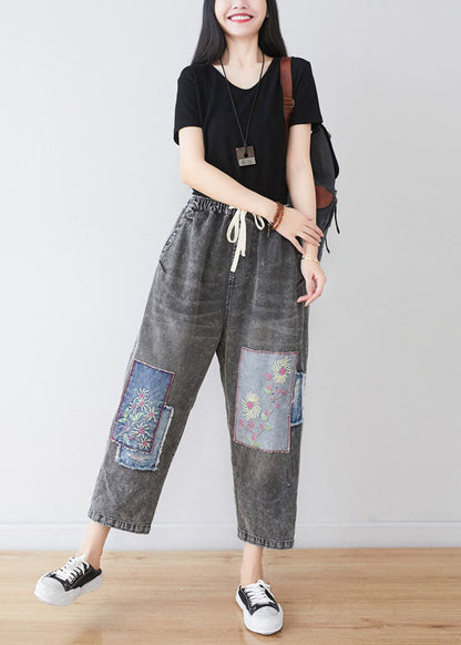 Grey Embroidered Patchwork Applique Cotton Denim Pants Spring