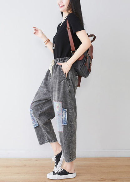 Grey Embroidered Patchwork Applique Cotton Denim Pants Spring