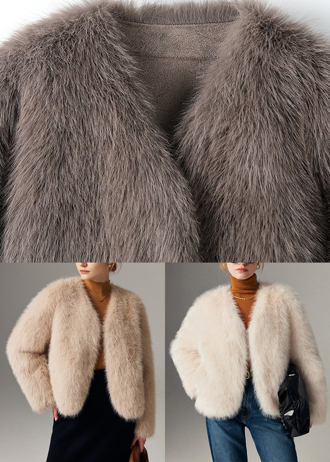 Grey Fox Collar Thick Leather and Fur Coats Winter