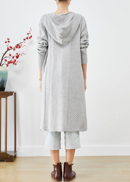 Grey Hooded Oversized Knit Long Cardigans Fall
