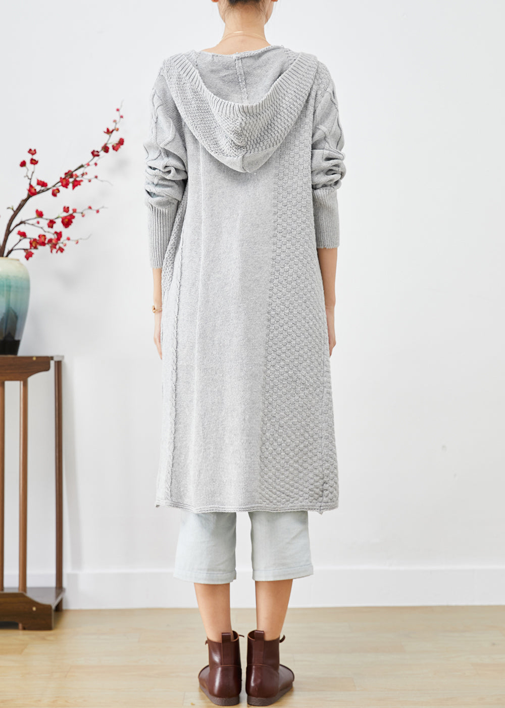 Grey Hooded Oversized Knit Long Cardigans Fall