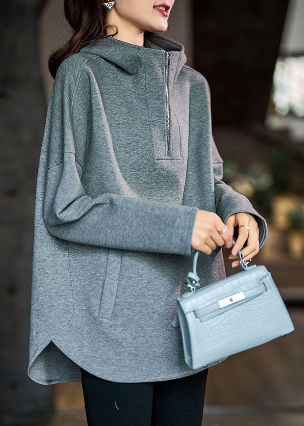 Grey Hooded Zippered Cotton Sweatshirt Fall