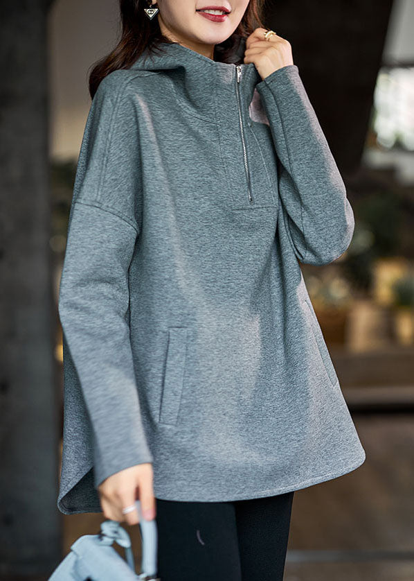 Grey Hooded Zippered Cotton Sweatshirt Fall