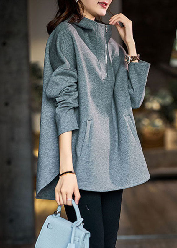 Grey Hooded Zippered Cotton Sweatshirt Fall