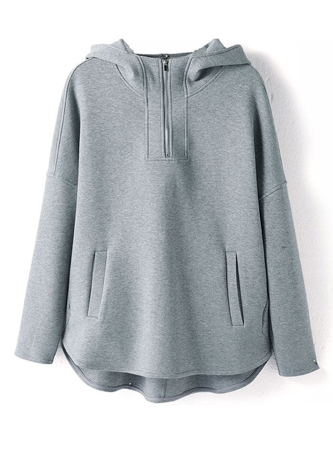 Grey Hooded Zippered Cotton Sweatshirt Fall