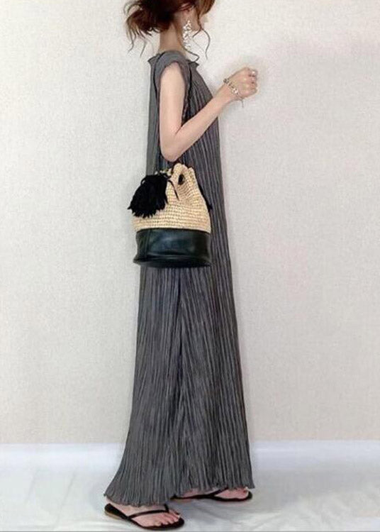 Grey O-neck Long Pleated Dress Summer