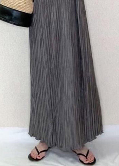 Grey O-neck Long Pleated Dress Summer
