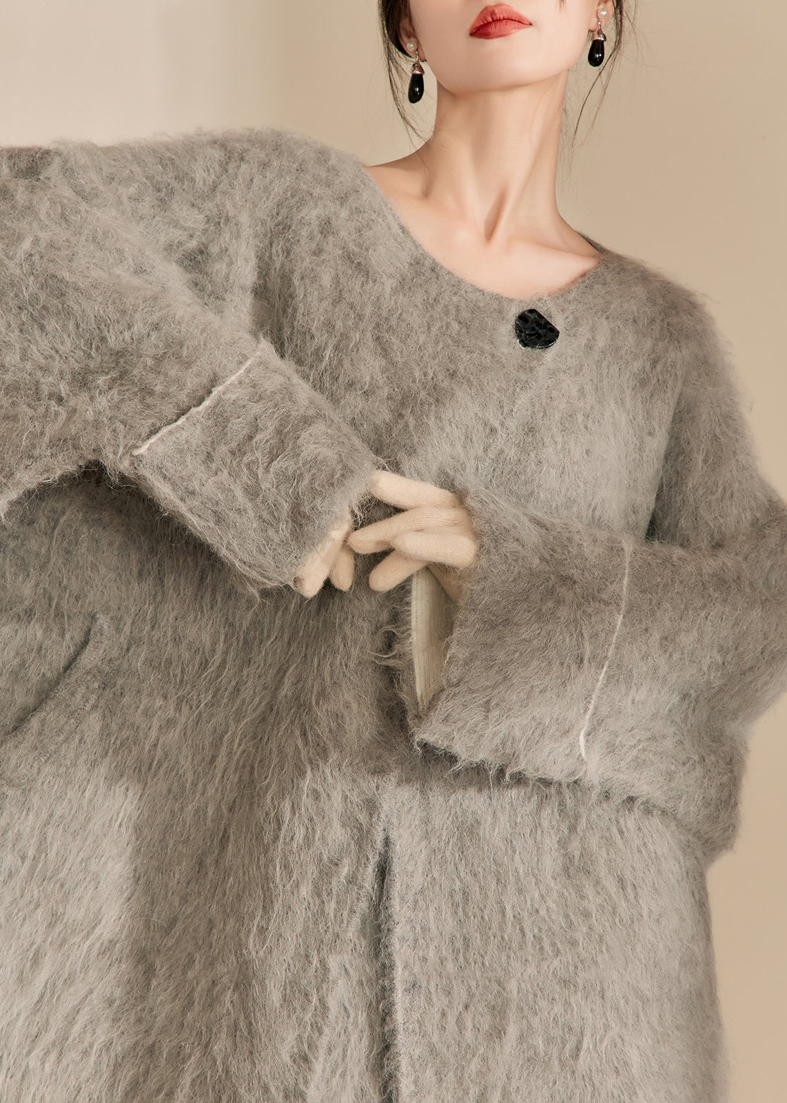 Grey O-neck Woolen Coats and Shorts Two Pieces Set Spring