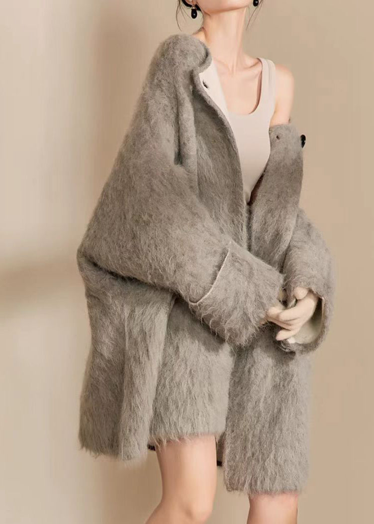 Grey O-neck Woolen Coats and Shorts Two Pieces Set Spring