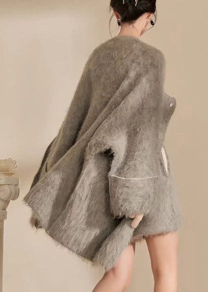 Grey O-neck Woolen Coats and Shorts Two Pieces Set Spring