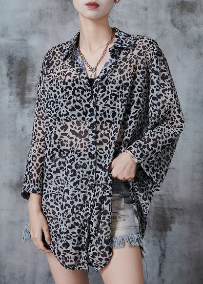 Bohemian Grey Oversized Leopard Print Chiffon Shirt Top Fall