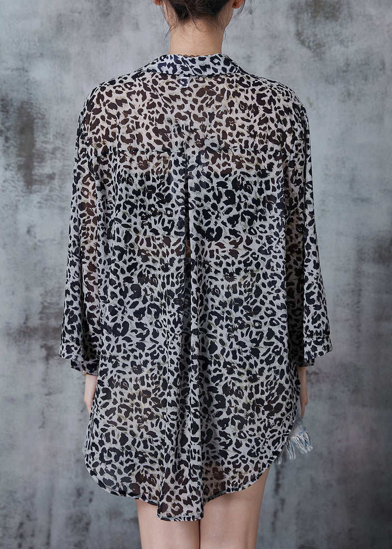 Grey Oversized Leopard Print Chiffon Shirt Top Fall