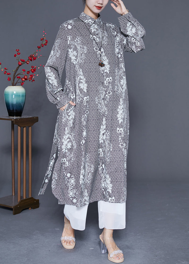 Grey Oversized Print Side Open Chiffon Shirt Dress Summer
