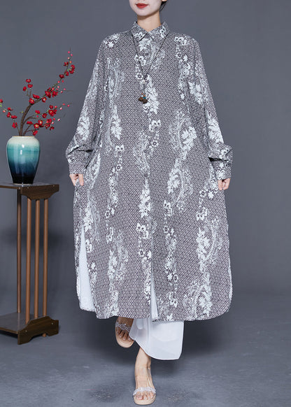 Grey Oversized Print Side Open Chiffon Shirt Dress Summer