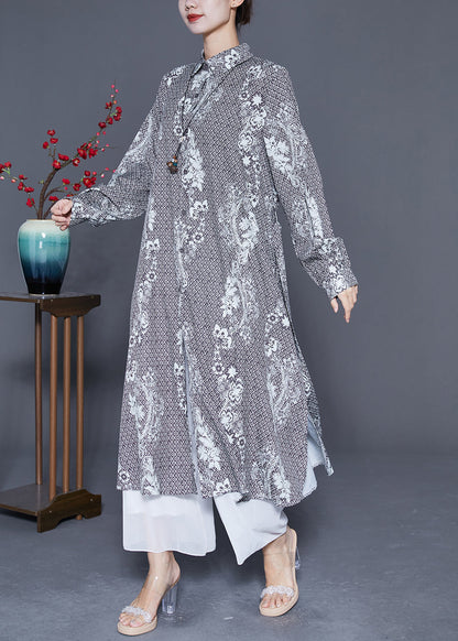 Grey Oversized Print Side Open Chiffon Shirt Dress Summer