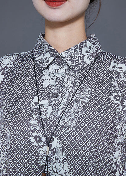 Grey Oversized Print Side Open Chiffon Shirt Dress Summer