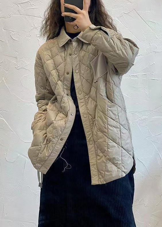 Grey Peter Pan Collar Lace Up Patchwork Duck Down Coat Winter