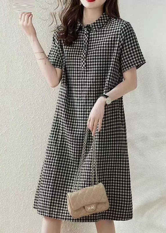 Grey Peter Pan Collar Plaid Linen Vacation Dress Summer