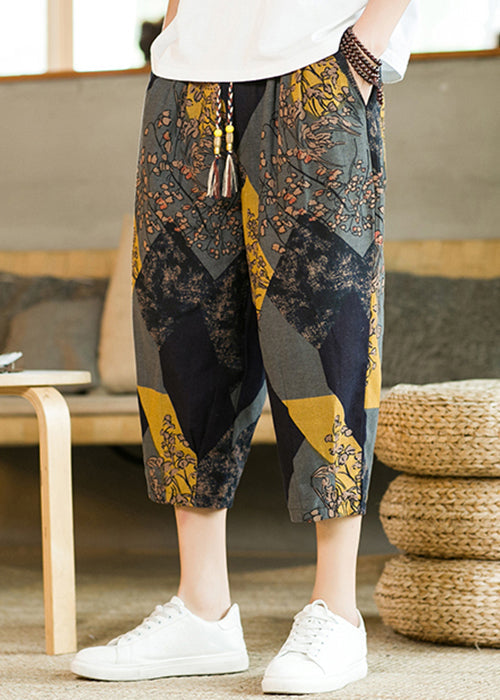 Grey Pockets Print Patchwork Cotton Crop Pants Summer