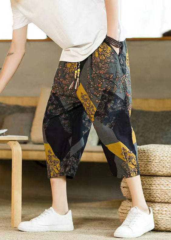 Grey Pockets Print Patchwork Cotton Crop Pants Summer