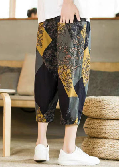 Grey Pockets Print Patchwork Cotton Crop Pants Summer