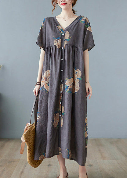 Grey Print Long Beach Dresses Short Sleeve