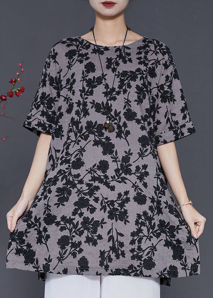 Grey Print Side Open Linen Long Tops Summer
