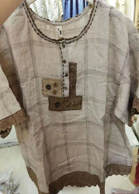 Grey Ruffled Plaid Cotton Shirt Tops Short Sleeve