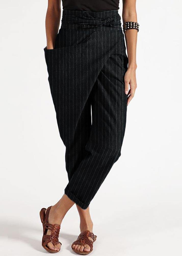 Grey Striped High Waist Cotton Harem Pants Summer