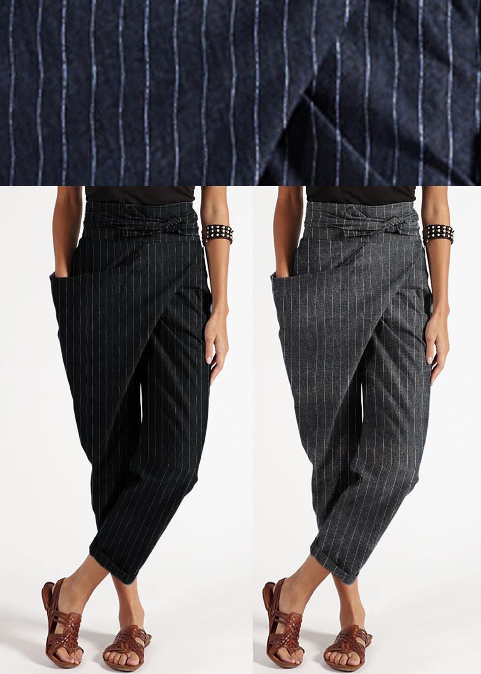 Grey Striped High Waist Cotton Harem Pants Summer