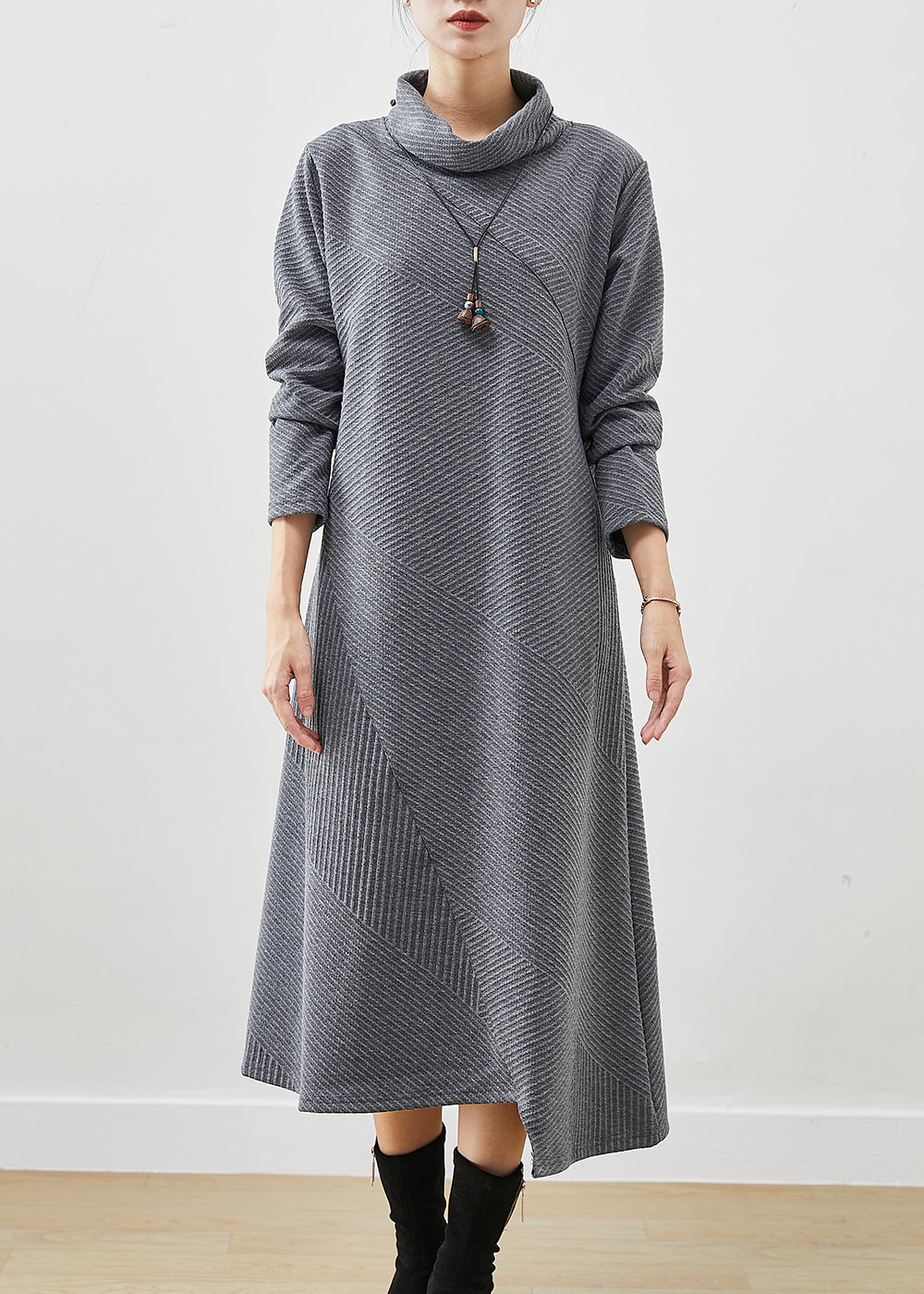 Grey Turtle Neck Cotton Vacation Dresses Fall