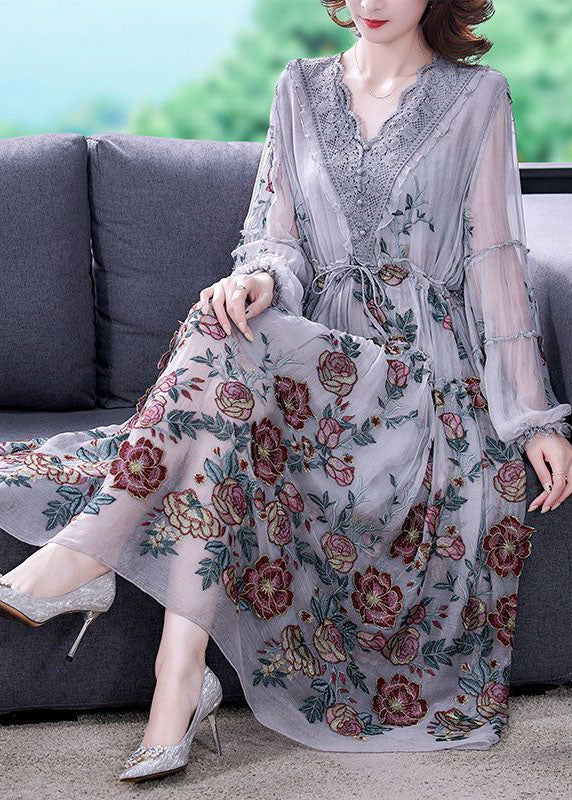 Grey V Neck Patchwork Print Tulle Cinched Dress Spring