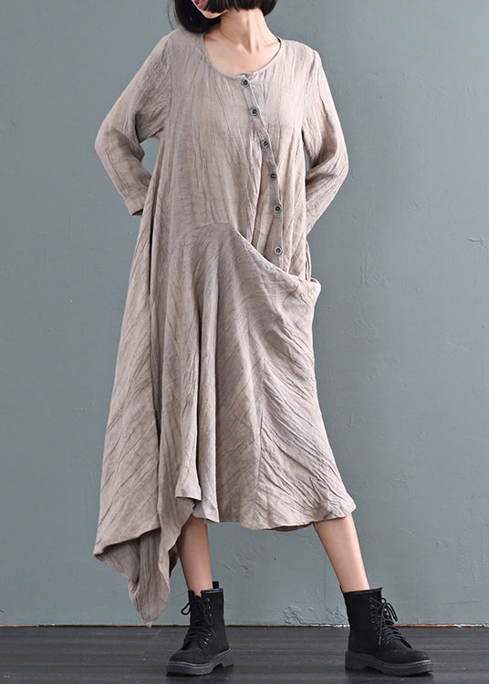 Khaki Asymmetrical Tie Dye Linen Ankle Dress Fall