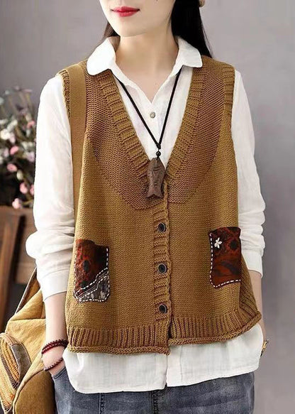 Khaki Button Pockets Patchwork Cotton Knit Waistcoat Sleeveless