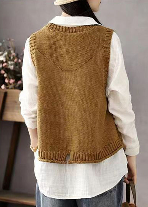 Khaki Button Pockets Patchwork Cotton Knit Waistcoat Sleeveless
