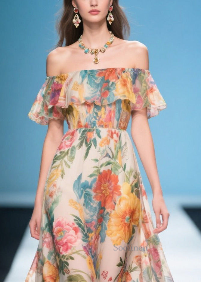 Khaki Cold Shoulder Print Chiffon Long Dress Summer