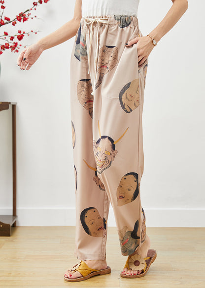 Khaki Elastic Waist Monsters Print Silk Pants Fall