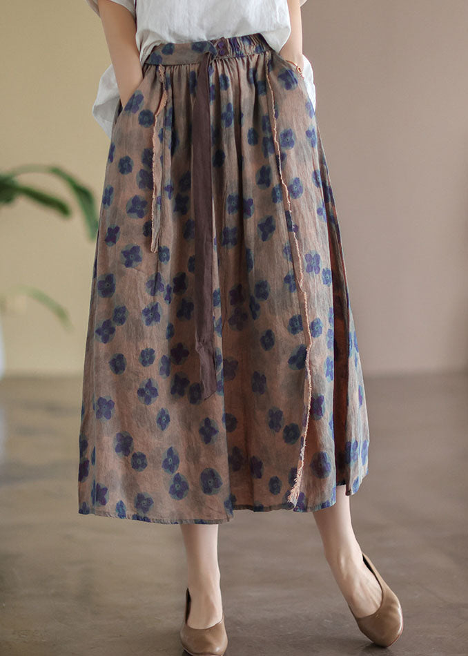 Black Flower Elastic Waist Print Linen Skirts Summer
