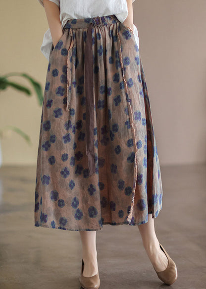 Red Geometry Elastic Waist Print Linen Skirts Summer
