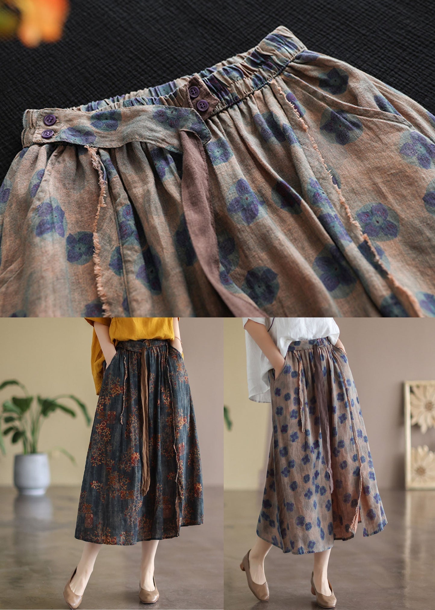 Black Flower Elastic Waist Print Linen Skirts Summer