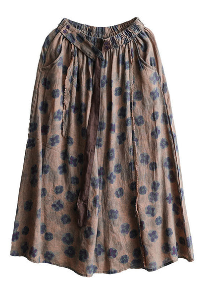 Black Flower Elastic Waist Print Linen Skirts Summer