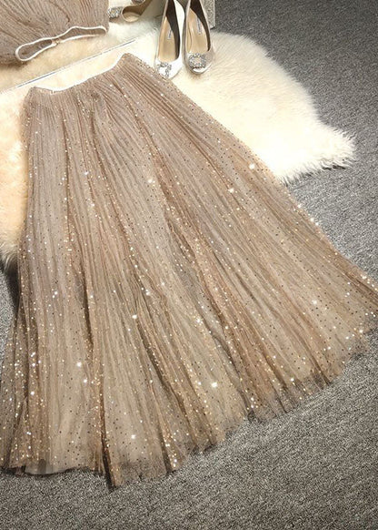 Khaki Embroideried Sequins Tulle a Line Skirt Spring